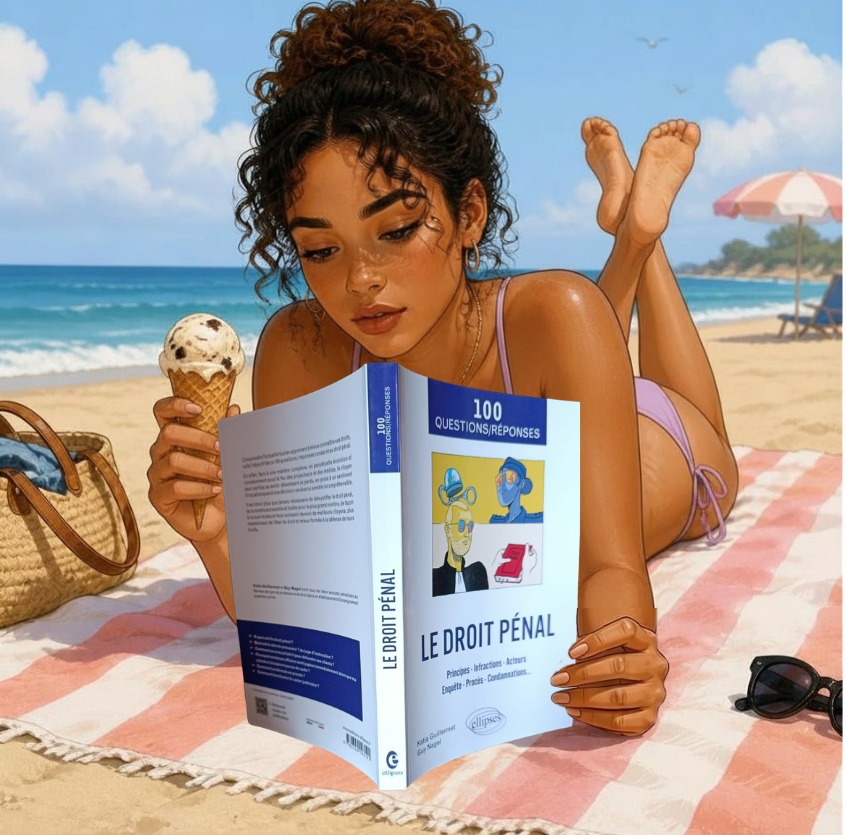 Illustration d’une lectrice allongée sur une plage avec l’ouvrage « Le droit pénal en 100 questions » entre les mains
