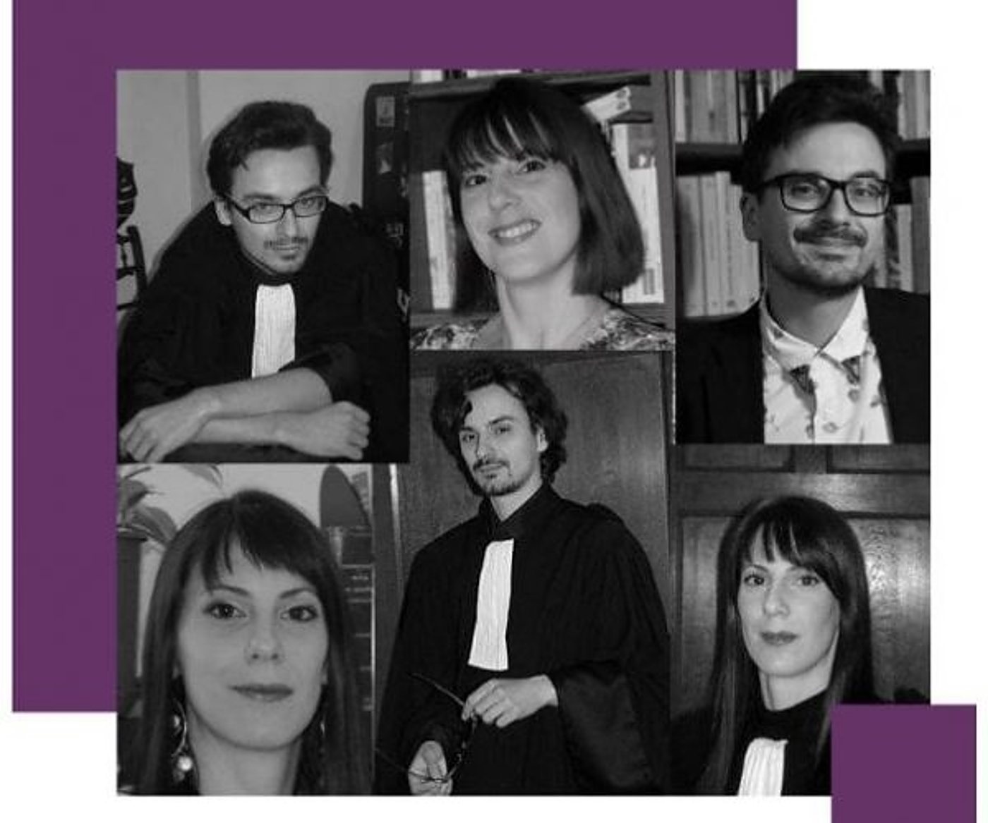 Six portraits en noir et blanc des avocats du cabinet, certains en robe avec le rabat